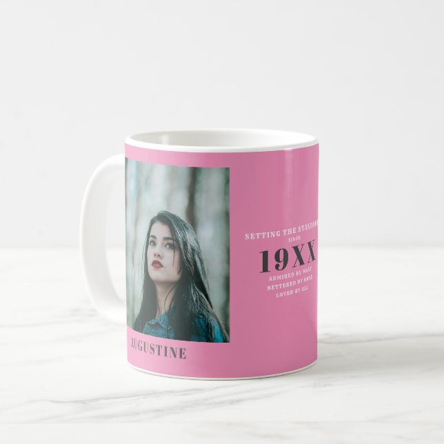 Caneca De Café Aniversário Modelo de Foto Elegante Cinza Rosa Chi (Frente Esquerda)