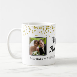 Caneca De Café Aniversário Moderno 2 Fotos Douradas Nomes de Conf