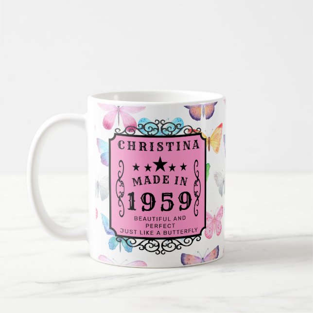 Caneca De Café Aniversário Personalizado 1959 Borboletas Rosa (Esquerda)