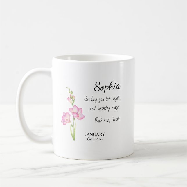 Caneca De Café Aniversário Personalizado de Janeiro com Cravo (Esquerda)