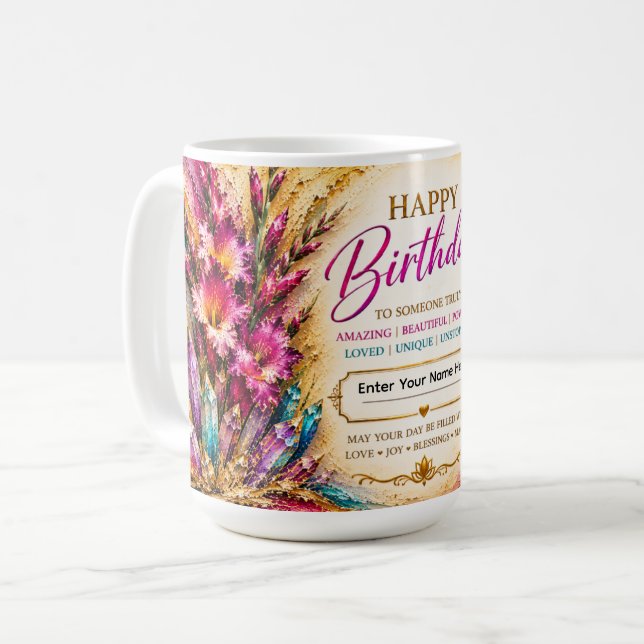 Caneca De Café Aniversário Personalizado Feliz™ Flor de Nasciment (Frente Esquerda)
