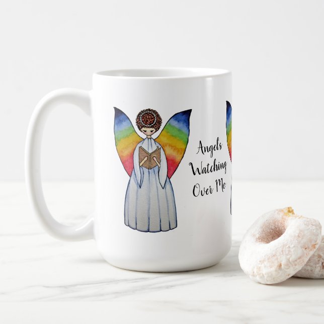 Caneca De Café Anjo De Aquarela Com Asas Arco-Íris Lendo Um Livro (Com Donut)