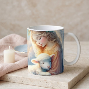 Caneca De Café Anjo de Natal com Cordeiro em Paz Invernal