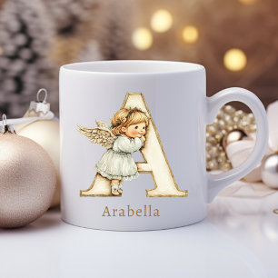 Caneca De Café Anjo de Natal com Monograma Personalizado A Inicia