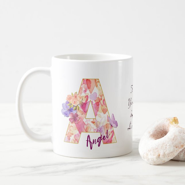 Caneca De Café Anjo Personalizado Inicial A com Padrão de Coração (Com Donut)