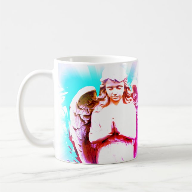 Caneca De Café Anjo Rezando Rosa Aqua Azul Céu Espiritual (Esquerda)