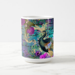 Caneca De Café Antigo Pavão Ilustrado e Flores Grunge