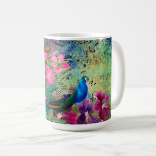Caneca De Café Antigo Pavão Ilustrado e Flores Grunge