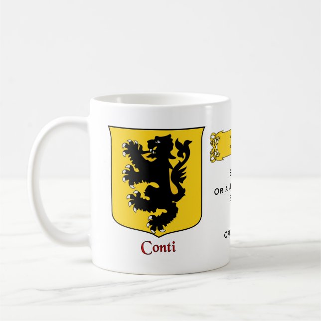 Caneca De Café Apelido italiano Conti Heraldic Shield e Blazon (Esquerda)