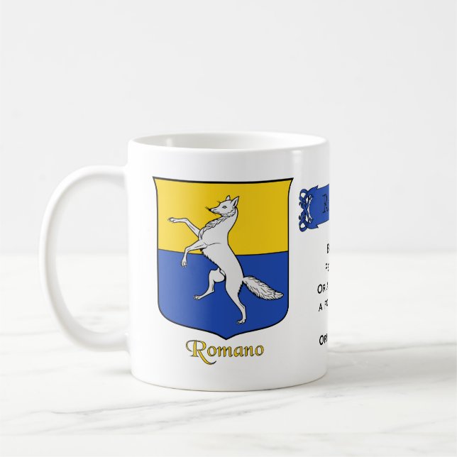 Caneca De Café Apelido italiano Romano Heraldic Shield e Blazon (Esquerda)