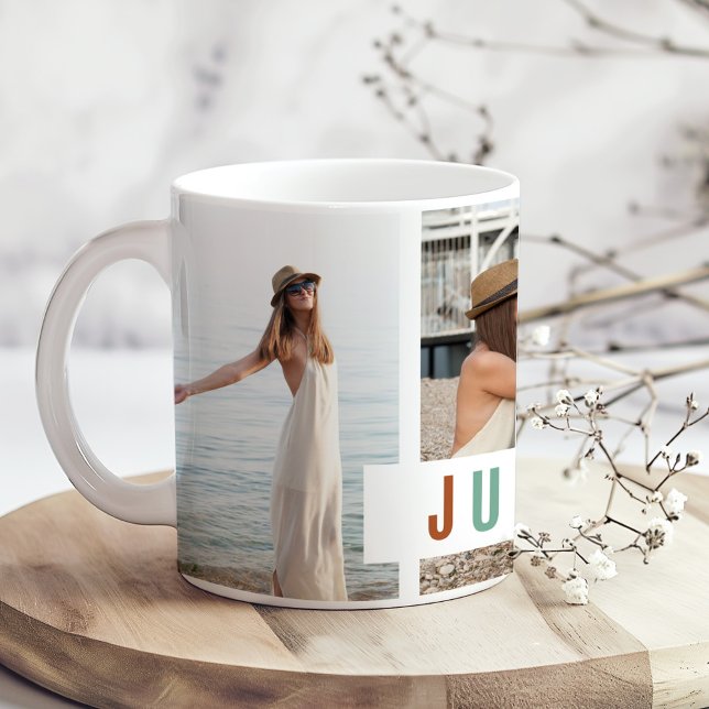 Caneca De Café "Apenas Respire" Oferta de Colagem de Fotos (Just Breathe" Photo Collage Gift Coffee Mug on a boho wooden kitchen table with tiny flowers.)