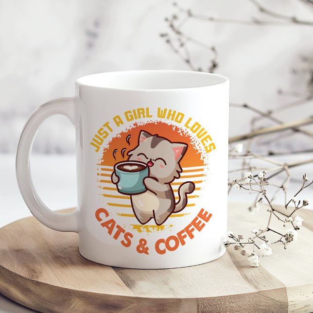 Caneca De Café "Apenas uma garota que ama gatos e café" ("Just a Girl who Loves Cats and Coffee" Retro Coffee Mug on a boho kitchen table with tiny flowers)