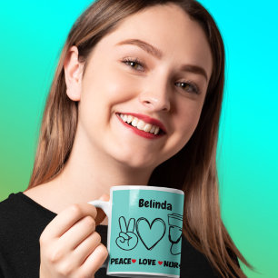 Caneca De Café Apreciação De Enfermagem De Amor Com Paz De Teal L