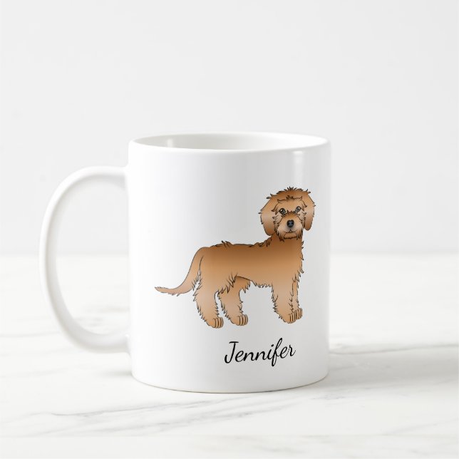Caneca De Café Apricot Mini Goldendoodle Cartoon Cachorro e Nome (Esquerda)