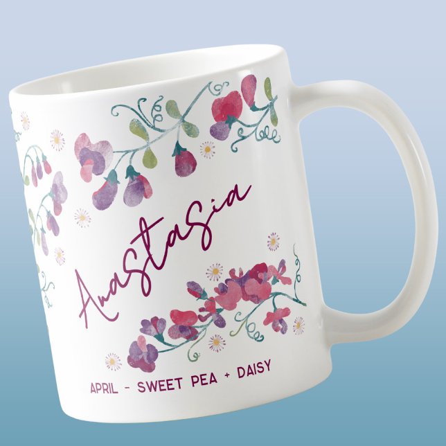 Caneca De Café April Birth Flower Custom Name Sweet Pea Daisy (April birth month flower sweet pea Daisy personalized custom name coffee mug)