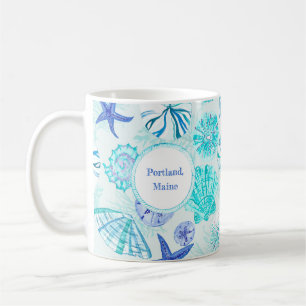 Caneca De Café Aqua-blue-teal watercolor seashell-w/nome personal