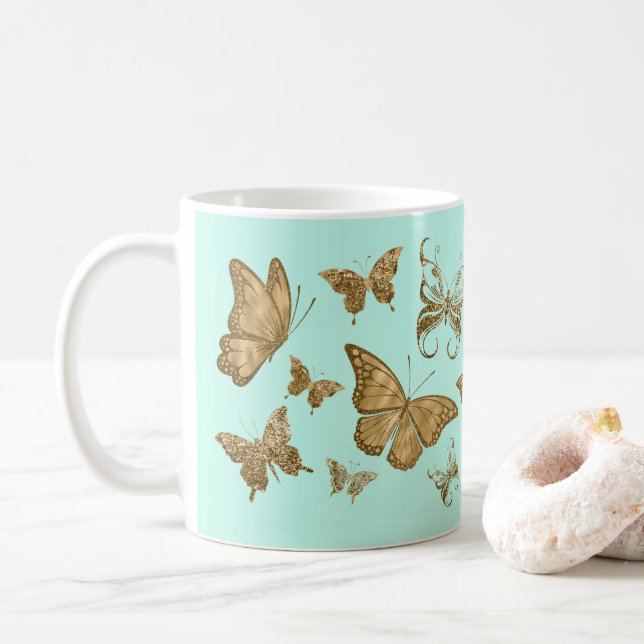 Caneca de café Aqua e Borboleta Dourada (Com Donut)