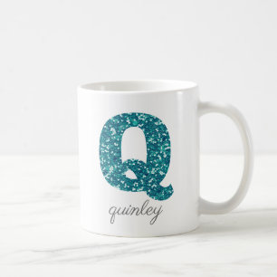 Caneca De Café Aqua Glitter - Letra Q name Mug