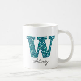 Caneca De Café Aqua Glitter - Letra W name Mug