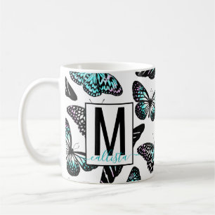 Caneca De Café Aqua Teal Butterflies Watercolor Padrão Monograma
