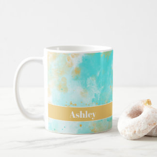 Caneca De Café Aqua Watercolor Wash e Mug de Nome Personalizável