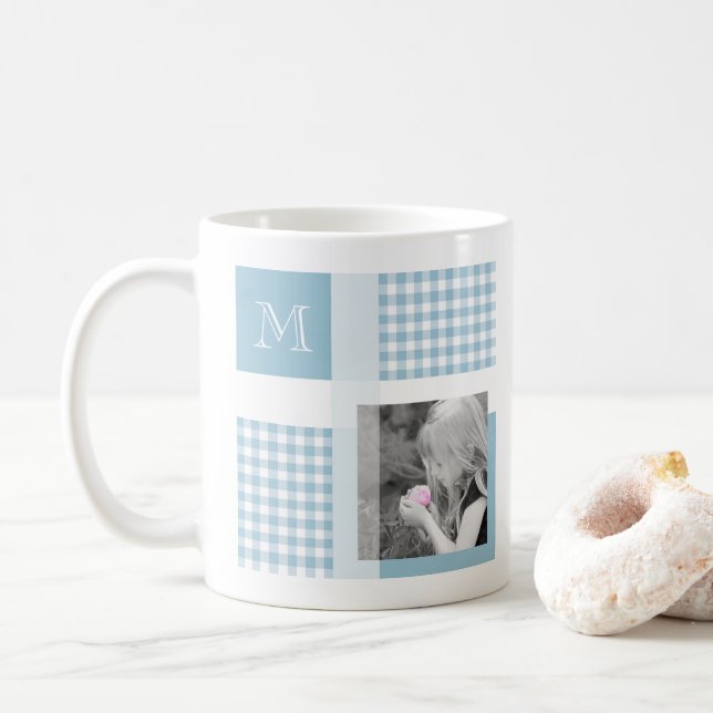 Caneca De Café Aquamarine Adicione Sua Foto Gingham Moderno Monog (Com Donut)