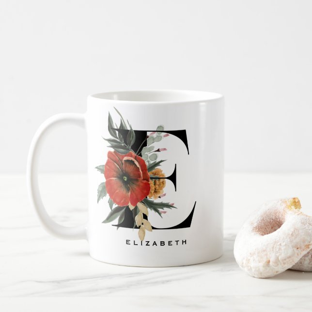 Caneca De Café Aquarela Anêmona Botânica Letra E Monograma (Com Donut)