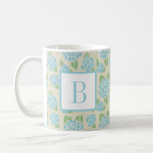 Caneca De Café Aquarela Azul Floral Hidrangea Monograma Inicial