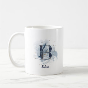 Caneca De Café Aquarela Azul Letra Inicial Nome Personalizado B