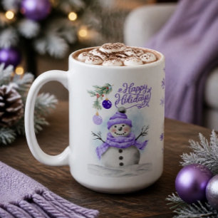 Caneca De Café Aquarela Boneco de Neve e Floco de Neve Lavanda