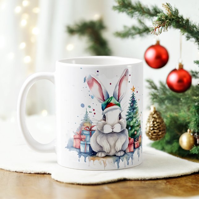 Caneca De Café Aquarela Coelho Festivo Cama de Natal (Criador carregado)