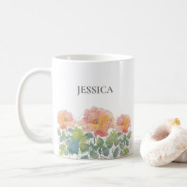 Caneca De Café Aquarela Coral Floral Folhas Verdes Primeiro Nome