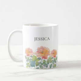 Caneca De Café Aquarela Coral Floral Folhas Verdes Primeiro Nome