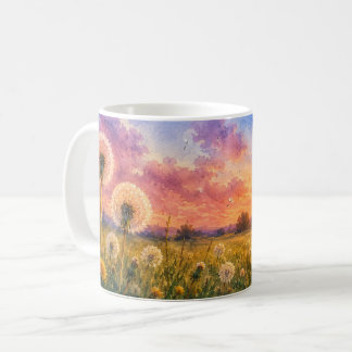 Caneca De Café Aquarela Dandelions no pôr do sol Meadow Paisagem