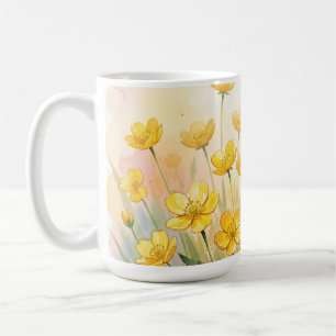Caneca De Café Aquarela de Flor Silvestre Amarela Ensolarada
