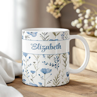 Caneca De Café Aquarela de Flores Silvestres Azul Marinho Papoula