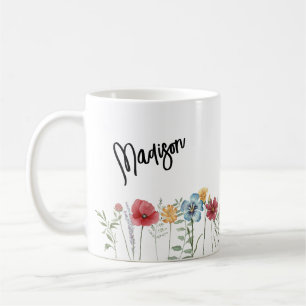 Caneca De Café Aquarela de Flores Silvestres Pintadas com o Seu N