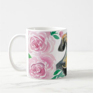 Caneca De Café Aquarela De Um Dachshund Com Rosas Rosa