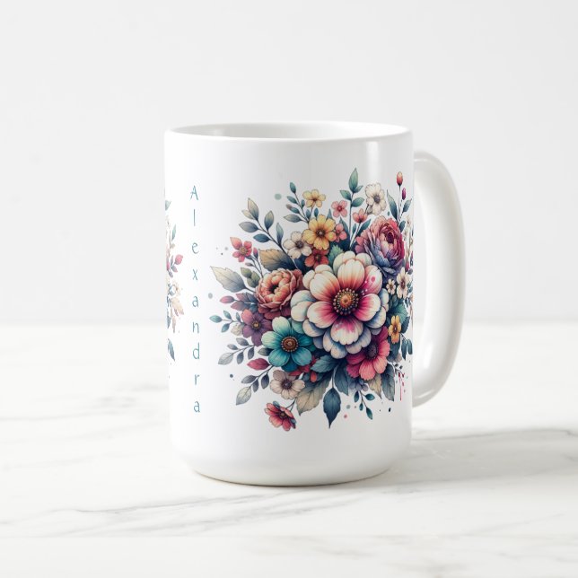 Caneca De Café Aquarela do Buquê de flores personalizada (Frente Esquerda)