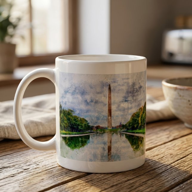 Caneca De Café Aquarela do Monumento a Washington com Reflexo (Washington Monument Watercolor with Reflection. Coffee Mug)