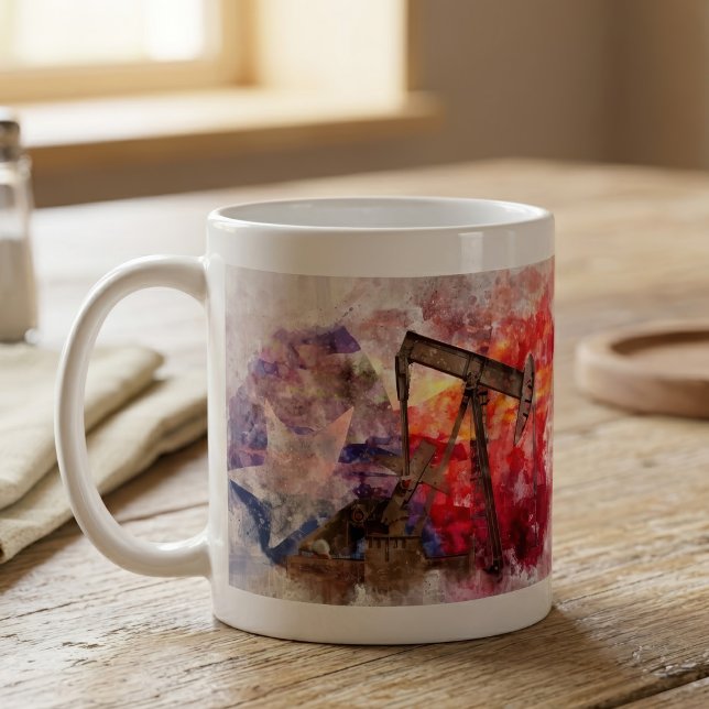 Caneca De Café Aquarela do Texas Pumpjack com Arte da Bandeira do (Texas Pumpjack Watercolor with Texas Flag Art. Coffee Mug)