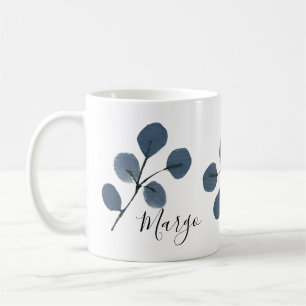 Caneca De Café Aquarela Eucalipto Azul Botânico Pintado à Mão
