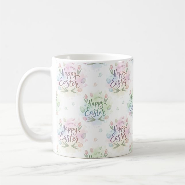 Caneca De Café Aquarela Feliz Páscoa com Letreiro à Mão (Esquerda)