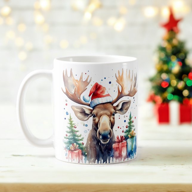 Caneca De Café Aquarela Festiva Moose Pata de Natal (Criador carregado)