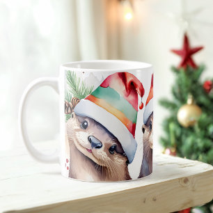 Caneca De Café Aquarela Festiva Otters Natal Mug