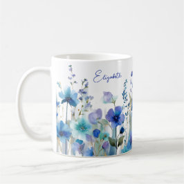 Caneca De Café Aquarela Flor de Nome Personalizado Azul Selvagem 