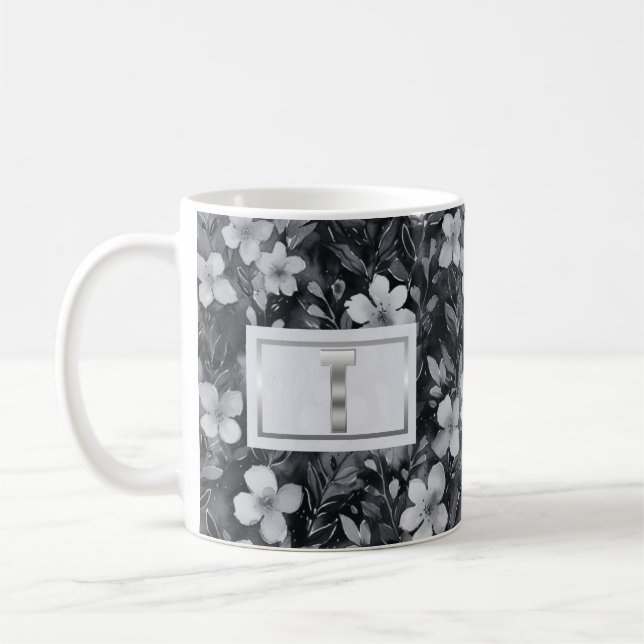 Caneca De Café Aquarela Floral com Letra em Prata Monograma (Esquerda)