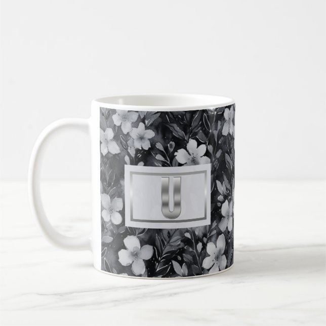 Caneca De Café Aquarela Floral com Letra em Prata Monograma (Esquerda)