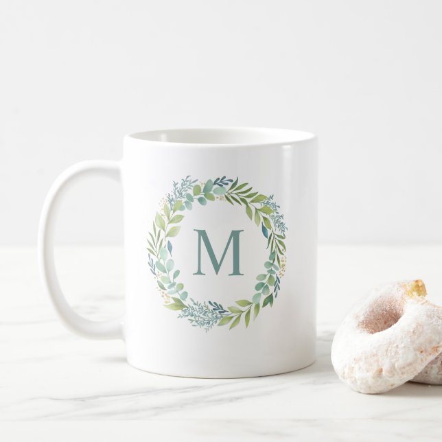 Caneca De Café Aquarela Floral Eucalyptus Wreath MonogramaMug (Com Donut)