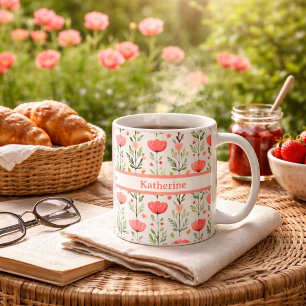 Caneca De Café Aquarela Floral Papoula Rosa Coral